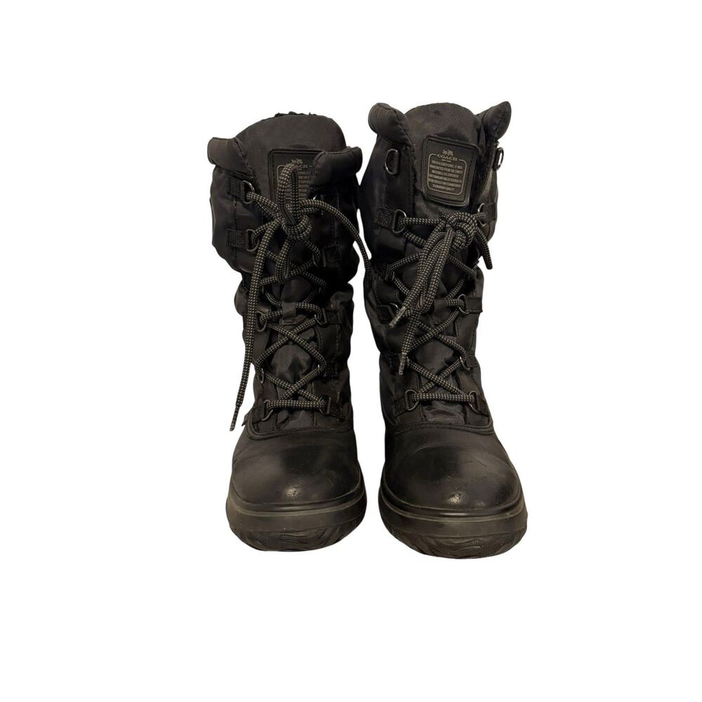 Coach Sage Winter Boots Women’s 8.5 Black Leather Mid Calf Nylon Lace Up Lined